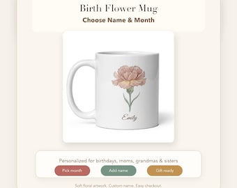 Personalized Birth Flower Mug, Custom Name Coffee Cup, Watercolor Floral Artwork