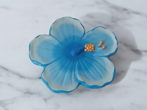 Blue Hibiscus Flower Ceramic Plate - Handmade Decorative Dish for