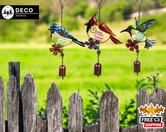 Campanello eolico sospeso a forma di colibrì / Suono curativo rilassante a tema animale / Decorazione da giardino in metallo per esterni / Espositore artistico da giardino e balcone