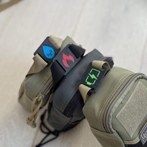 Può includere: Una collezione di piccole tasche tattiche in varie tonalità di verde e grigio. Ogni tasca presenta un'icona diversa: una goccia d'acqua, una fiamma e un fulmine, che ne indica lo scopo. Le tasche hanno cerniere e toppe in velcro.