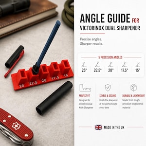 May include: A red plastic angle guide for a Victorinox dual sharpener with five slots labeled 25, 22.5, 20, 17.5, and 15 degrees. A blue sharpening rod is inserted into the 22.5 slot. Includes black cylindrical caps and a red pocket knife.