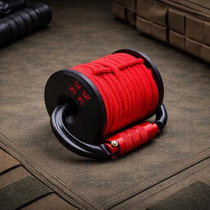 May include: A red rope spool with black accents and a carabiner. The spool has a black disc on each side with a red design. The carabiner and the handle are red. The background is a textured, olive-green surface.