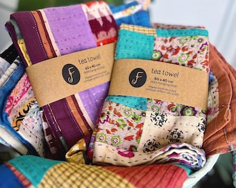 Colourful Kantha Tea Towel, Upcycled Vintage Sari Fabric, Hanging Loop, Zero Waste Kitchen Decor