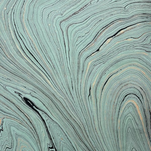 May include: An abstract surface pattern featuring fluid, swirling lines in shades of sage green, black, and metallic copper. The design consists of elongated, organic curves that mimic the appearance of marbled stone or flowing liquid textures.