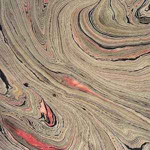 May include: An abstract painting featuring a fluid, marbled pattern with swirling lines of black, soft beige, and vibrant coral pink. The composition displays organic, flowing curves that create a sense of movement across the entire surface area.