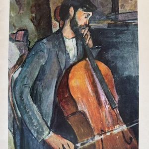 May include: An impressionistic painting of a person playing a cello. The musician is wearing a dark suit and a cap, with a focused expression. The cello is a warm, reddish-brown color, contrasting with the darker background.