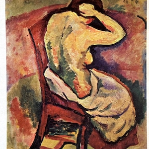 Könnte beinhalten: Ein Gemälde einer nackten Frau, die auf einem roten Stuhl sitzt. Die Frau ist dem Betrachter den Rücken zugewandt und hat die Hand am Kopf. Das Gemälde ist in einem Stil gehalten, der an den Expressionismus erinnert, mit kräftigen Farben und Pinselstrichen.