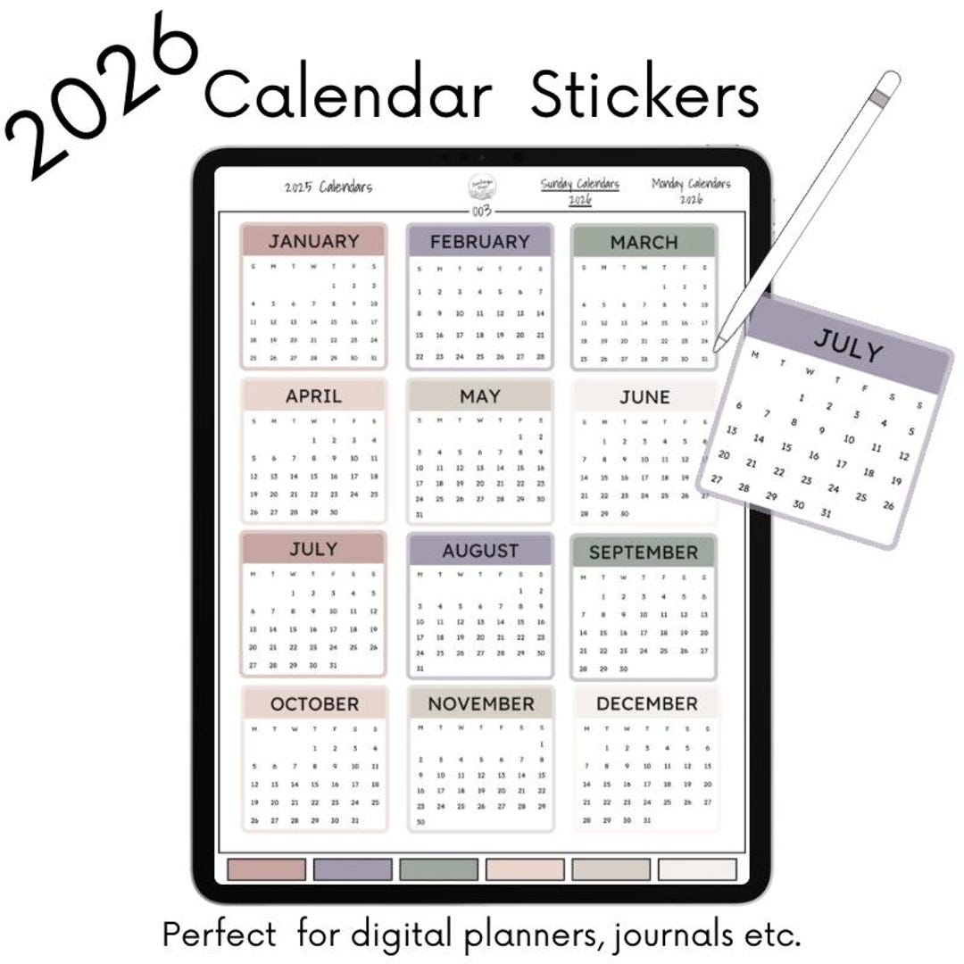 2026 Mini Calendar Stickers for Digital Planners & Journals: Sunday ...