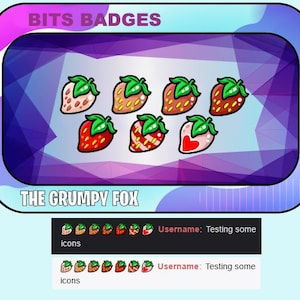 Peut inclure: Ensemble de badges numériques sur le thème de la fraise, avec divers motifs, dont une fraise en forme de cœur. Le texte "BITS BADGES" et "THE GRUMPY FOX" sont affichés. En dessous, deux rangées d'icônes de fraises.