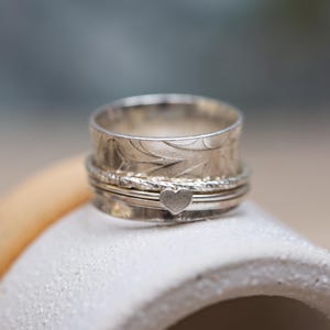 Heart Stacked Pattern Spinner Ring | Three Spinning Rings | Anxiety or Fidget Jewellery | Handmade in Sterling Silver | Size T