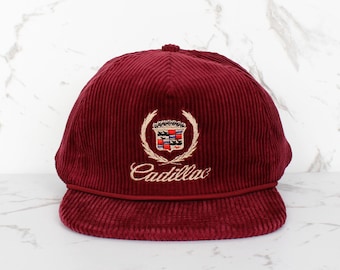 Vintage Cadillac Snapback Hat | 90s Burgundy Corduroy Baseball Cap | Luxury Car Merch Souvenir