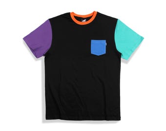 Black Color Block T Shirt |  80s 90s Vintage Inspired Tees | Colorblock Patchwork