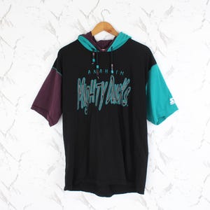 Vintage STARTER Anaheim Mighty Ducks Hoodie T Shirt | LARGE | 90s NHL Double Hood Short Sleeve Shirt