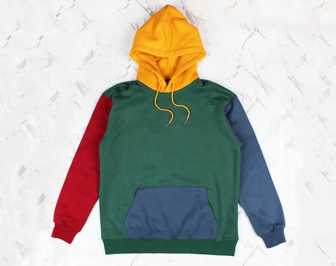 Green Color Block Hoodie | 80s 90s Vintage Inspired | Retro Multi-Color Hoodie | Colour Block