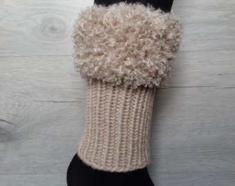 Hand-Knit Boot Cuffs with Faux Fur Trim – Beige Knit Boot Toppers, Winter Leg Warmers