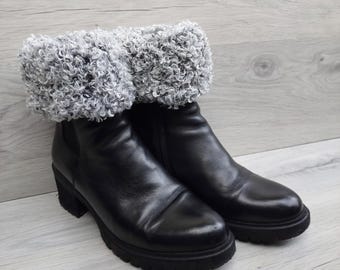 Hand Knit Boot Cuffs with Faux Fur Top, Gray Leg Warmers