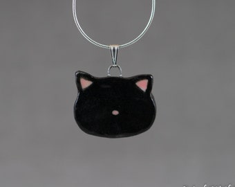 Little Porcelain Black Kitty Cat Face Sterling Silver Necklace - Miniature Tiny Ceramic Animal Pet Nature Handmade Jewelry