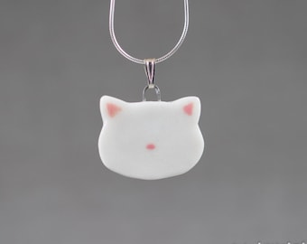 Little Porcelain White Kitty Cat Face Sterling Silver Necklace - Miniature Tiny Ceramic Animal Pet Nature Handmade Jewelry