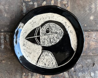 Little Decorative Bird Plate - Puffin - Miniature Ceramic White Black Animal Portrait Organic Form Sgraffito Jewelry Holder - Hand Sculpted