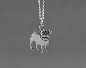 Little Pug Sterling Silver Necklace - Miniature Tiny Cute Animal Pet Dog Simple Dainty Everyday Modern Handmade Jewelry 2D