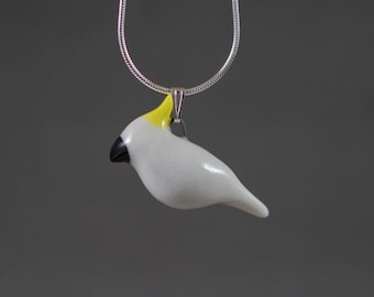 Little Cockatoo Bird Sterling Silver Necklace - Miniature Tiny Porcelain Clay Cute Animal Nature White Pet Handmade Minimalist Jewelry