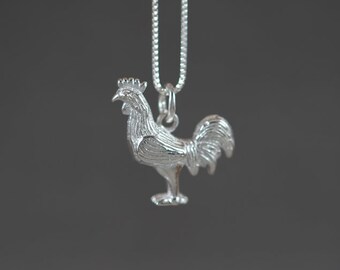 Little Rooster Bird Sterling Silver Necklace - Miniature Tiny Cute Chicken Animal Nature Simple Dainty Everyday Modern Handmade Jewelry 3D