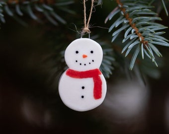 Little Snowman Christmas Tree Ornament - Miniature Ceramic Porcelain Holiday Snow Figurine Sculpture Hand Sculpted - Red Scarf