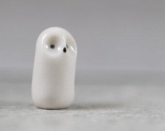 Tall Little Snowy Owl - Terrarium Figurine - Miniature Ceramic Porcelain White Bird Animal Sculpture - Hand Sculpted