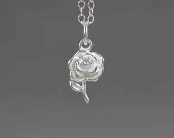 Little Rose Flower Sterling Silver Necklace - Miniature Tiny Cute Nature Inspired Simple Dainty Everyday Modern Handmade Jewelry