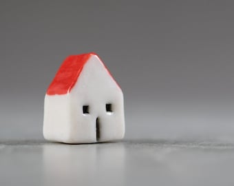 Little Red & White House -  Terrarium Figurine - Miniature Ceramic Porcelain Colorful Minimalist Sculpture - Hand Sculpted