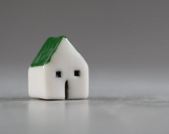 Little Green & White House -  Terrarium Figurine - Miniature Ceramic Porcelain Colorful Forest Green Sculpture - Hand Sculpted