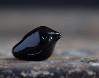 Little Raven - Terrarium Bird Figurine - Miniature Ceramic Porcelain Black Crow Animal Sculpture - Hand Sculpted
