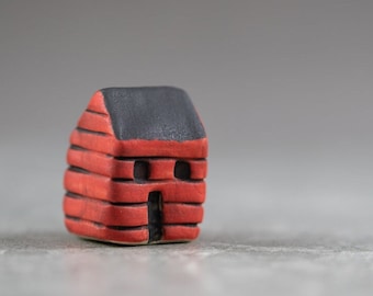 Little Red House -  Terrarium Figurine - Miniature Ceramic Porcelain Colorful Sculpture - Hand Sculpted