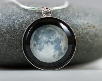 SALE Full Moon Sterling Silver Photo Necklace - Mini Tiny Celestial Photography, Black Night Nature Sky Jewelry, Glass Pendant