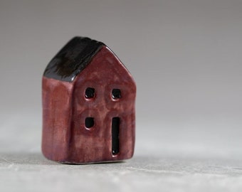 Little Purple House -  Terrarium Figurine - Miniature Ceramic Porcelain Deep Mulberry Sculpture - Hand Sculpted