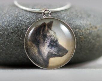 SALE Silver Fox Sterling Silver Photo Necklace - Mini Tiny Animal Photography Portrait, Nature Wildlife Jewelry, Glass Pendant, Black