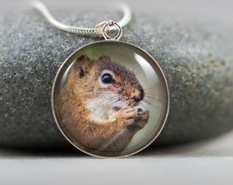 VENTA ardilla de plata esterlina collar de fotos - Mini pequeño lindo animal retrato fotografía, rojo naranja naturaleza vida silvestre joyería, colgante de cristal