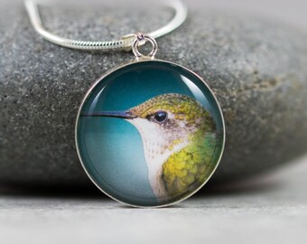 VENTA Colibrí plata esterlina collar de fotos - Mini pequeño animal fotografía retrato de pájaro, joyería de vida silvestre de la naturaleza, colgante de cristal, azul