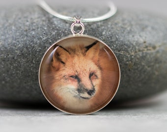 VENTA rojo zorro de plata esterlina collar de fotos - Mini retrato de fotografía animal pequeño, joyería de vida silvestre de la naturaleza, colgante de cristal, naranja
