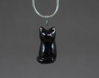 Little Black Kitty Sterling Silver Necklace - Miniature Tiny Porcelain Clay Cute Animal Nature Pet Cat Handmade Minimalist Jewelry