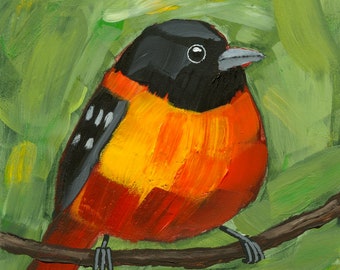 ORIGINAL PAINTING Baltimore Oriole, Acrylic on Panel, Small Miniature 5x5, Bird Nature Animal Wildlife Songbird Green Orange Red Black