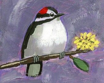 ORIGINAL PAINTING Downy Woodpecker, Acrylic on Panel, Small Miniature 5x5, Bird Nature Animal Wildlife Songbird Purple Black White Yellow