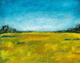 ORIGINAL PAINTING Abstract Landscape, Acrylic on Canvas, Small Miniature 4x4, Nature Turquoise Blue Sky Green Yellow Grass Trees Meadow