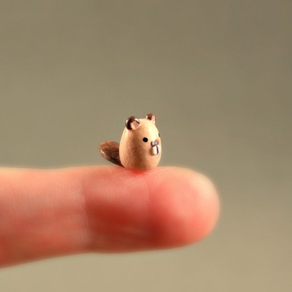 Micro Beaver - Miniature Polymer Clay Animal Terrarium Figurine - Hand Sculpted