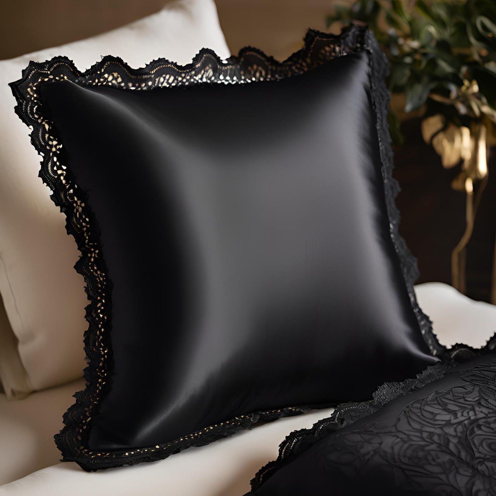 A black silk pillowcase with delicate lace trim, displayed on a white bed with matching gothic bedding and dark floral accents in the background