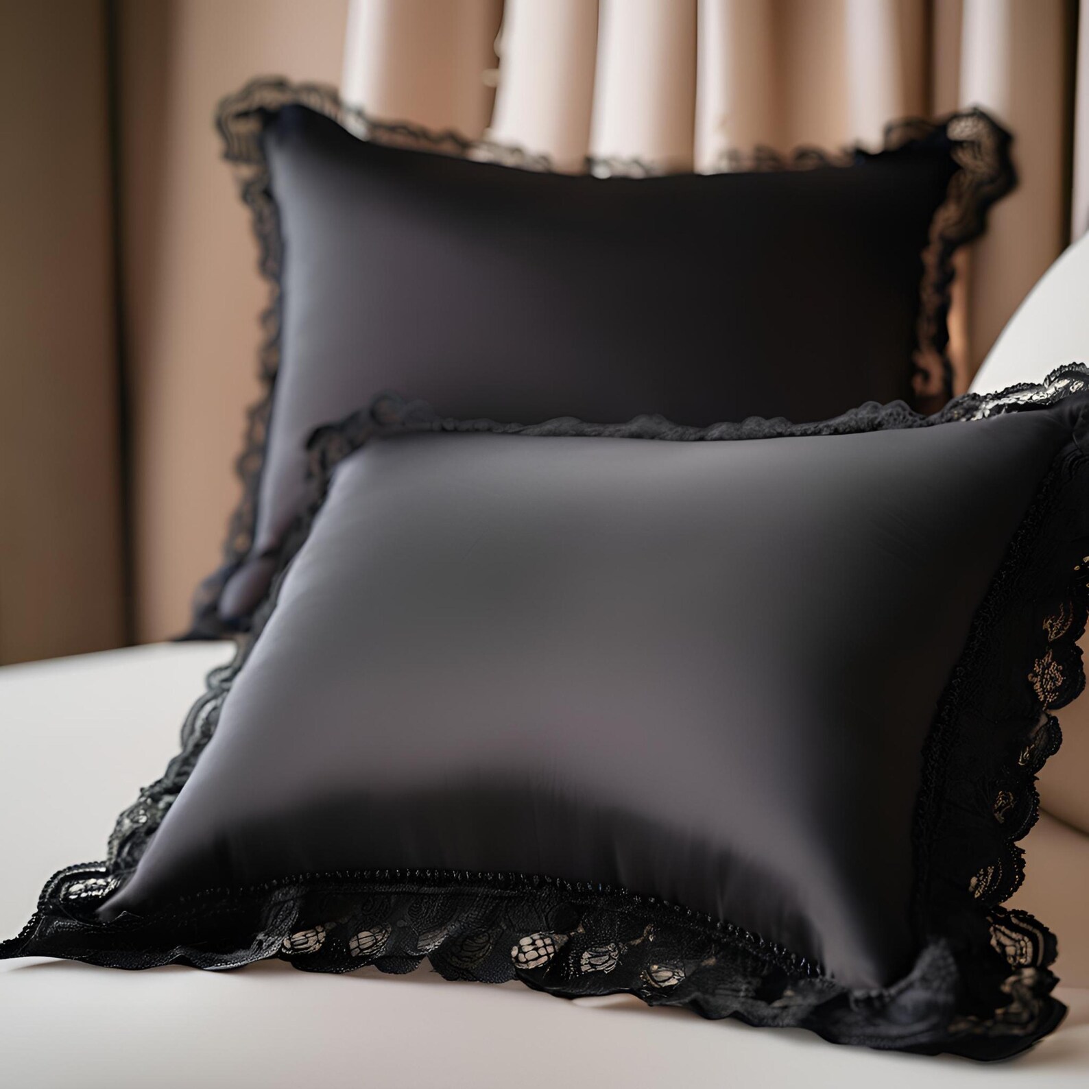 Two black silk pillowcases with lace trim, arranged on a bed with soft cream curtains in the background