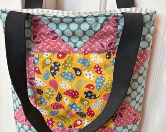 Quilted Star Tote Bag with Leather Straps  handmade Free Shipping