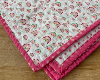 Handmade Baby Quilt: Rainbow Cotton Nursery Blanket (33x36 inches)
