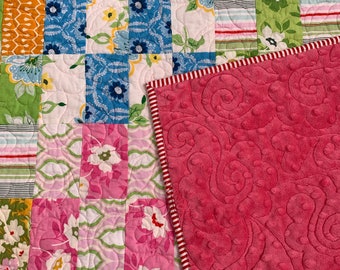 Lap Sized Handmade Quilt Sweet Girly Quilt with Minky Heather Bailey Nice Jane Fabrics! Baby Toddler Lap Quilt Pink Roses