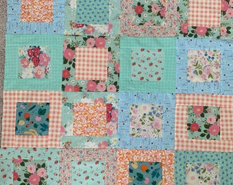 Baby Quilt top Unfinished Quilt Top DIY quilt aqua orange florals girly  nursery gift